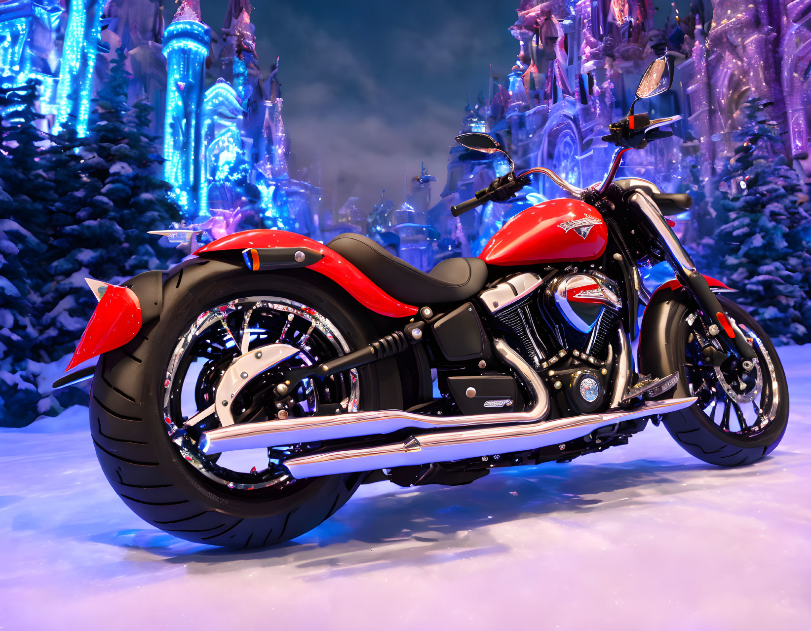 Red and Black Motorcycle in Snowy Night Landscape with Fantasy Castles