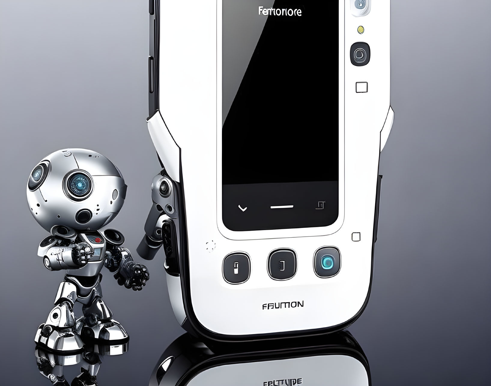 Futuristic humanoid robot with spherical joints and handheld device on reflective surface