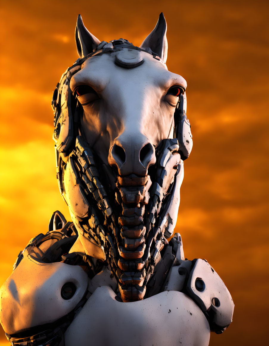 Detailed close-up: Robot with horse-like head on orange cloudy sky.