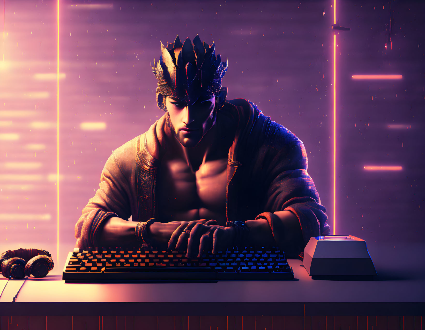 Person wearing crown types on glowing keyboard in futuristic room.