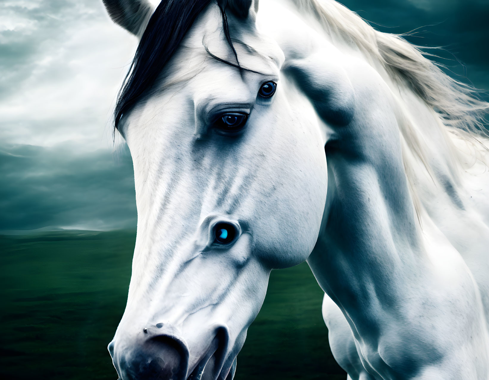 Majestic white horse with flowing mane in stormy skies and green fields