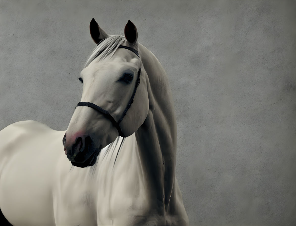 White horse with dark bridle on textured gray background