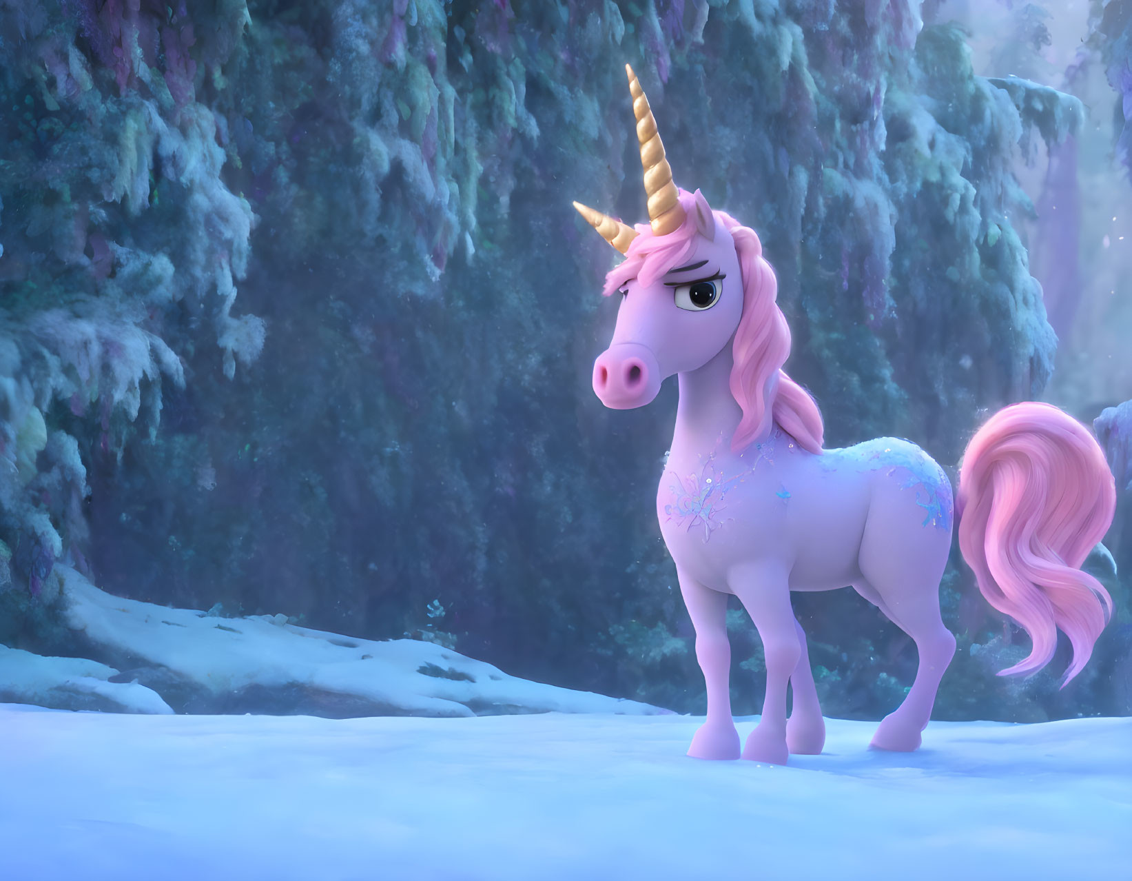 Pink unicorn with golden horn in snowy forest scene.