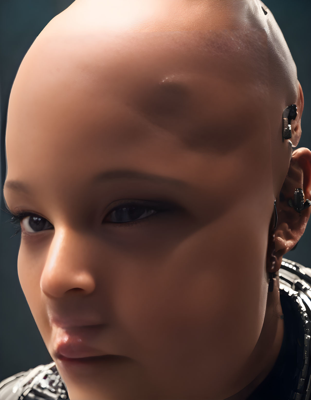 Bald humanoid figure with cybernetic enhancements and thoughtful expression