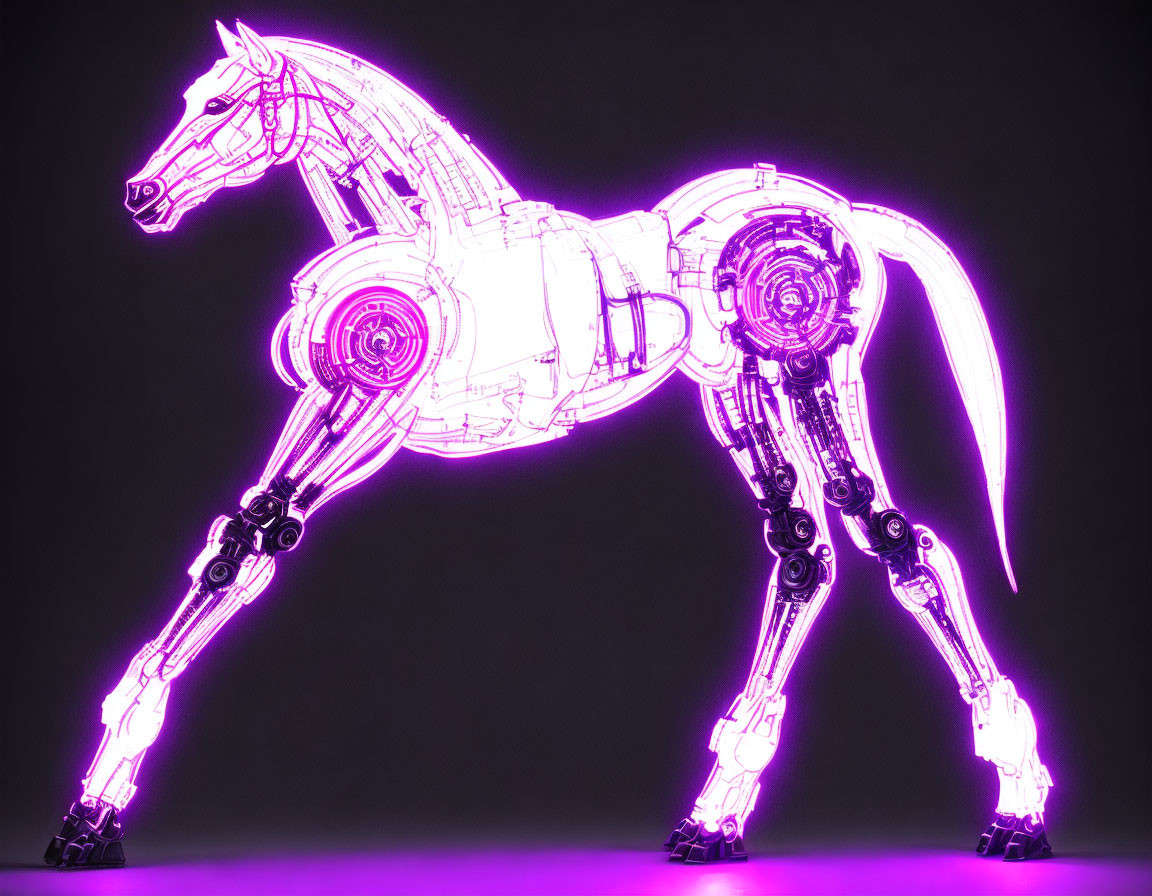 Glowing Purple Cybernetic Horse with Mechanical Details on Dark Background