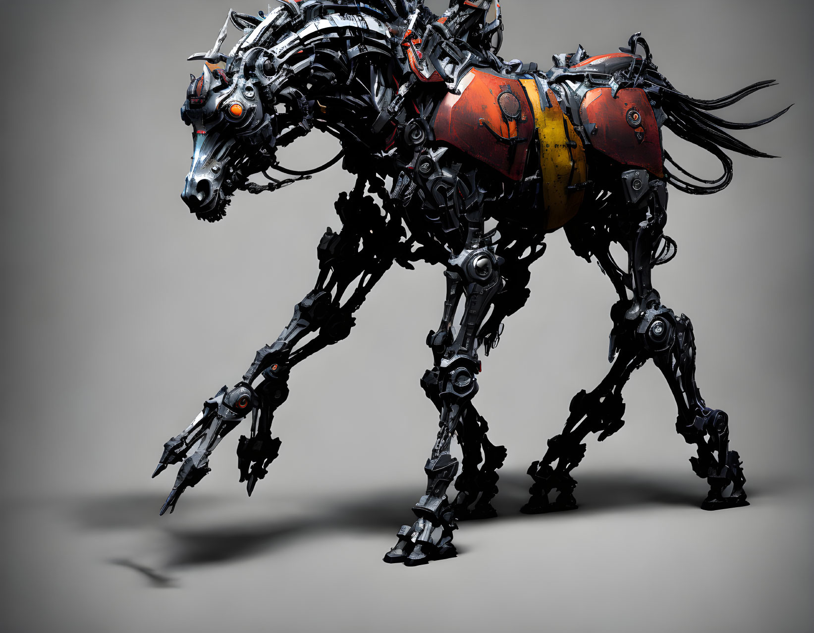 Detailed 3D rendering of mechanical horse with intricate machinery and glowing red eyes