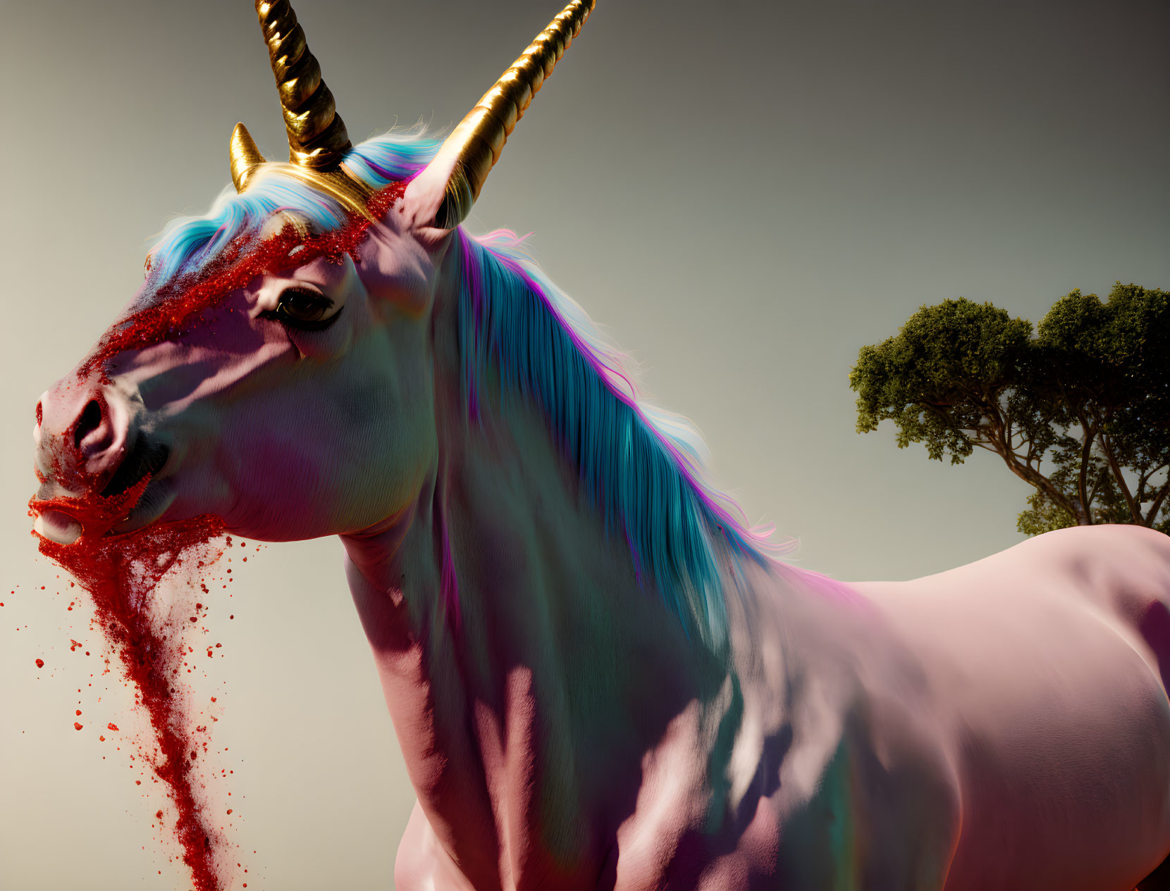 Multicolored maned unicorn digital art with bleeding mouth in nature setting