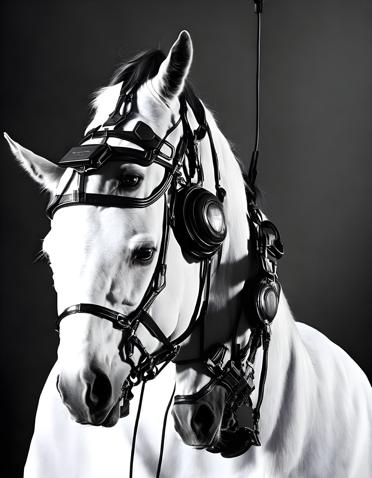 White Horse with Unique Electronic-Inspired Bridle on Dark Background