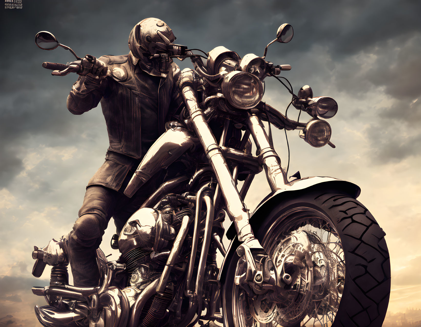 Motorcyclist in Full Gear on Chopper Bike Under Dramatic Sky