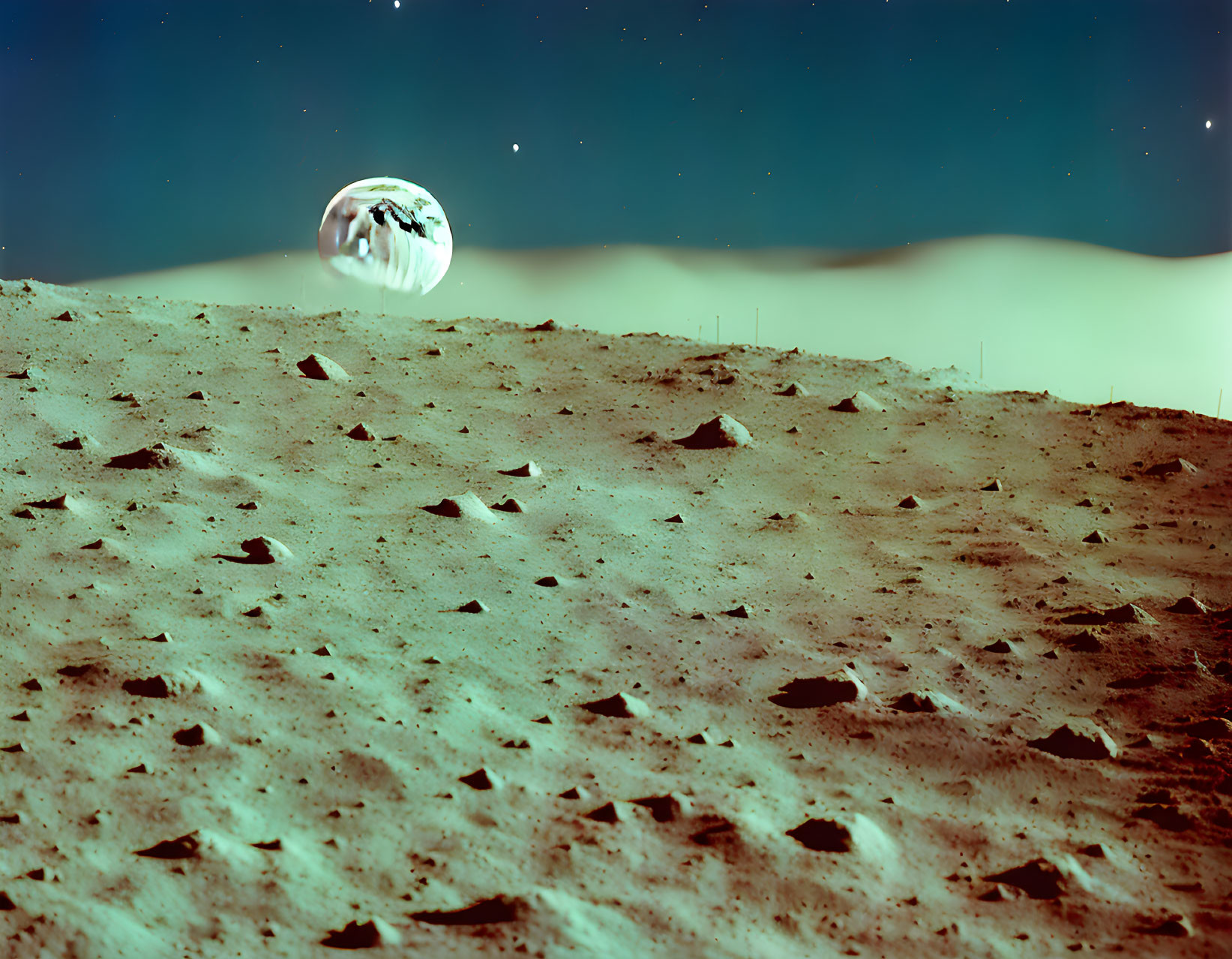 Desolate lunar landscape with Earth in dark sky, rocky surface, and subtle stars.