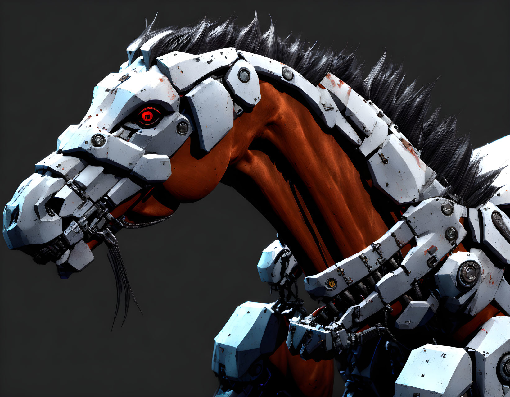 Realistic brown coat on mechanical horse with detailed robotic head and red eyes.