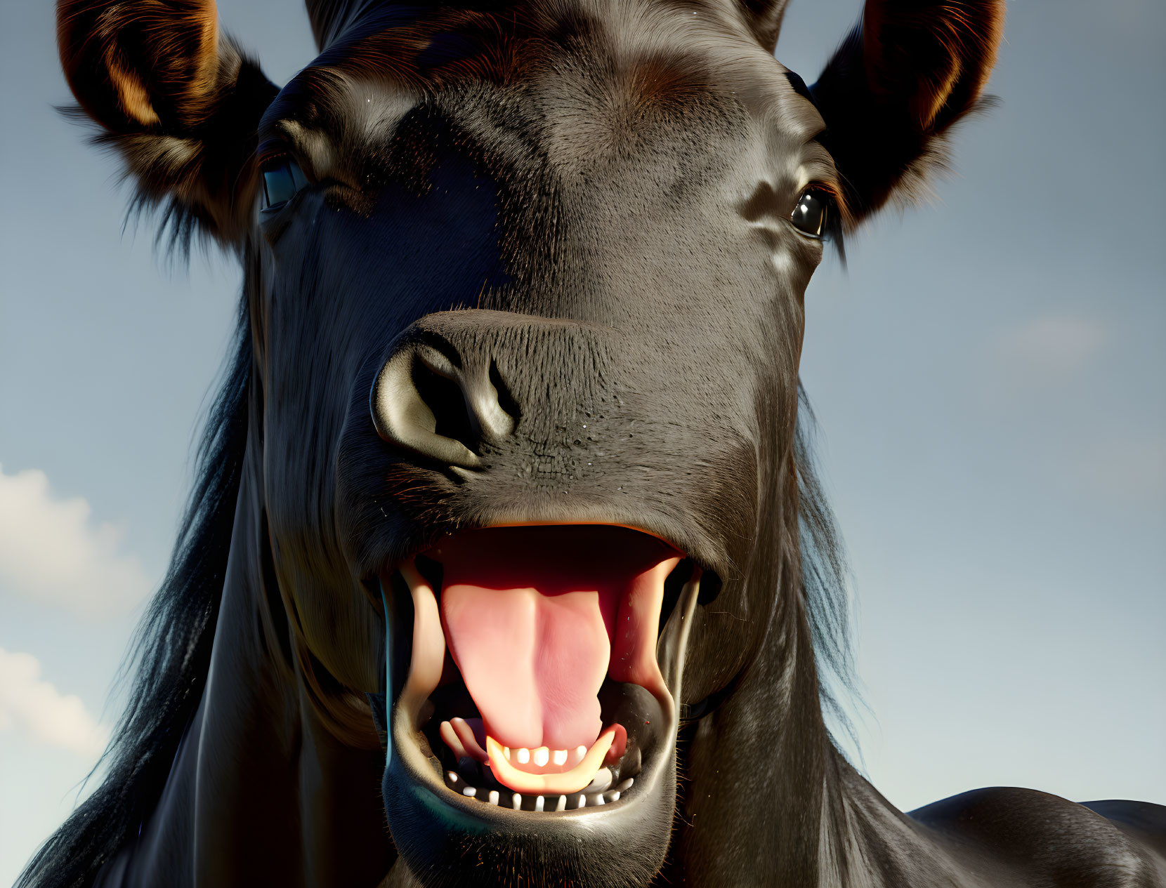 Horse with open mouth and teeth against blue sky