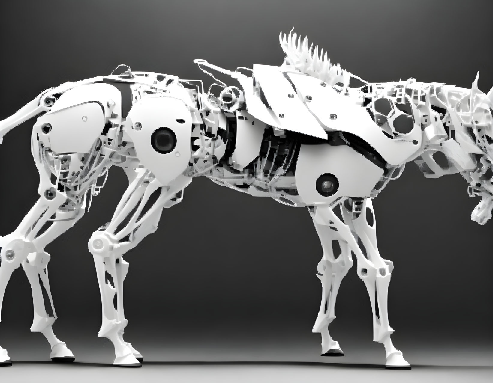 Detailed Robotic Horse Skeleton Model on Gray Background