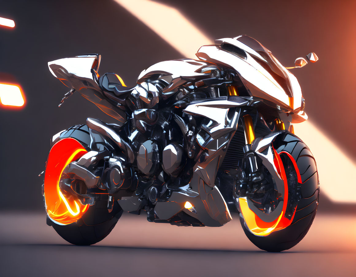 Futuristic motorcycle with glowing orange wheels on moody backdrop