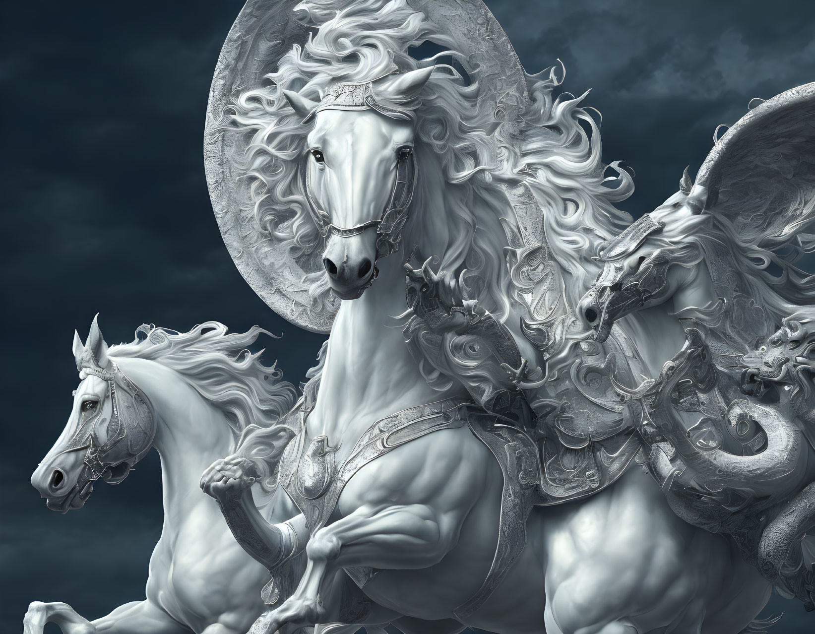 Detailed grayscale image of majestic horses with ornate harnesses and flowing manes against cloudy sky.