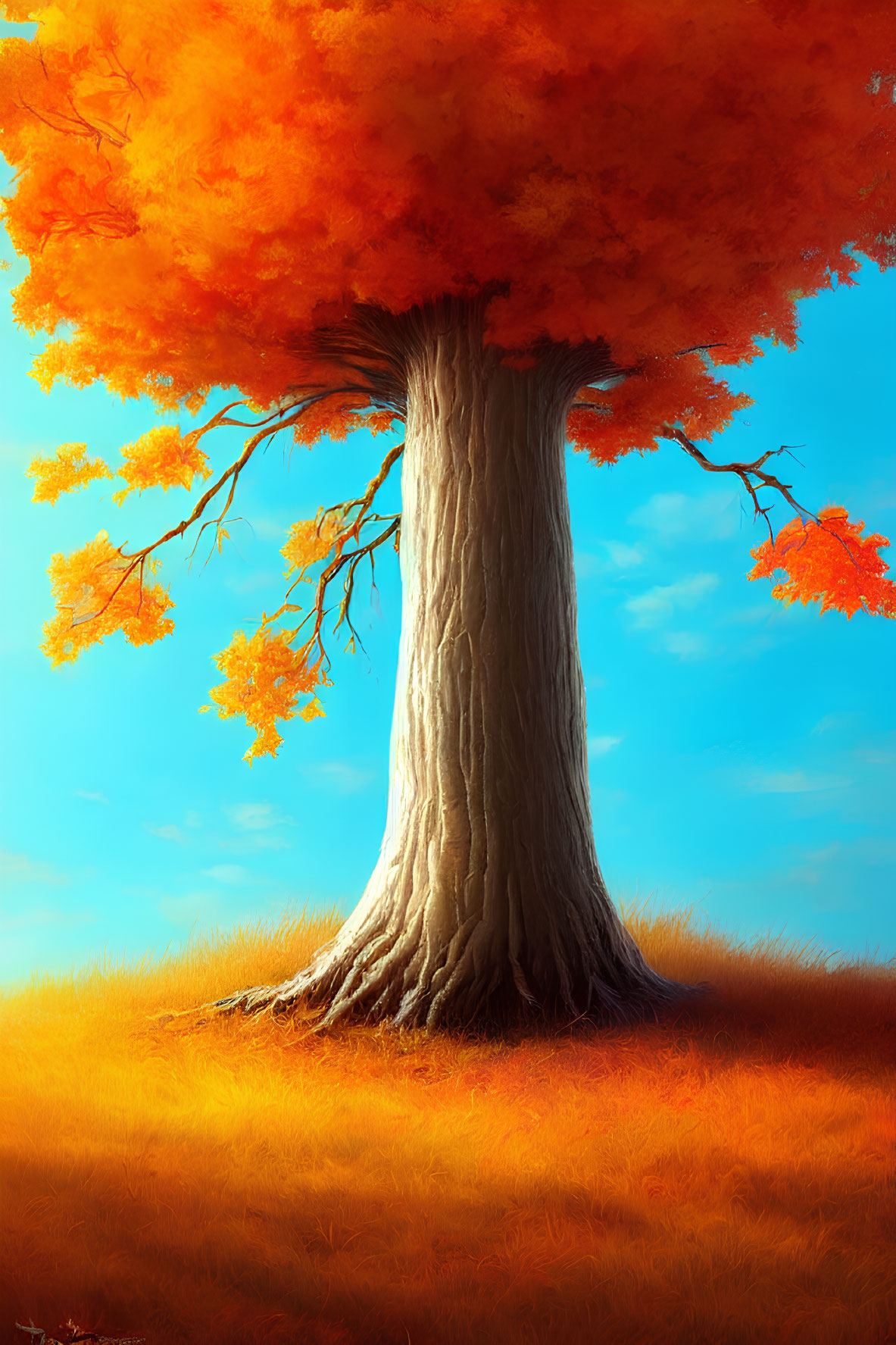 Vibrant autumn tree illustration under clear blue sky