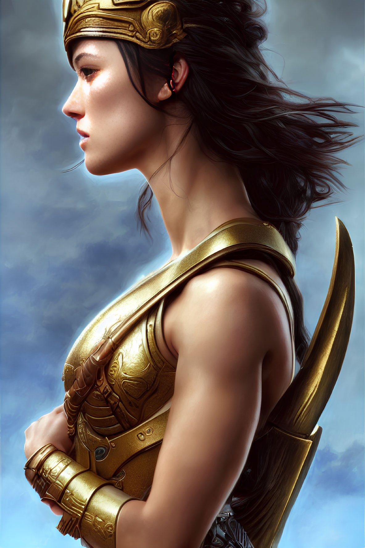 Profile of woman in golden crown and armor under cloudy sky