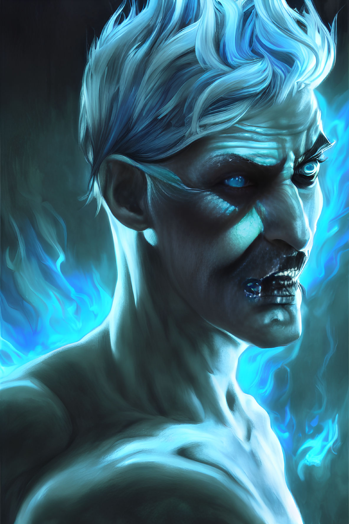 Portrait of male figure with ice-blue skin, white hair, and glowing blue eyes in blue flame.