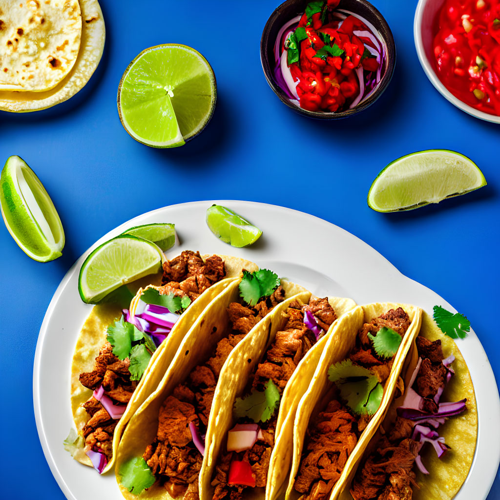 Mexican Tacos Plate with Meat and Vegetables on Blue Background