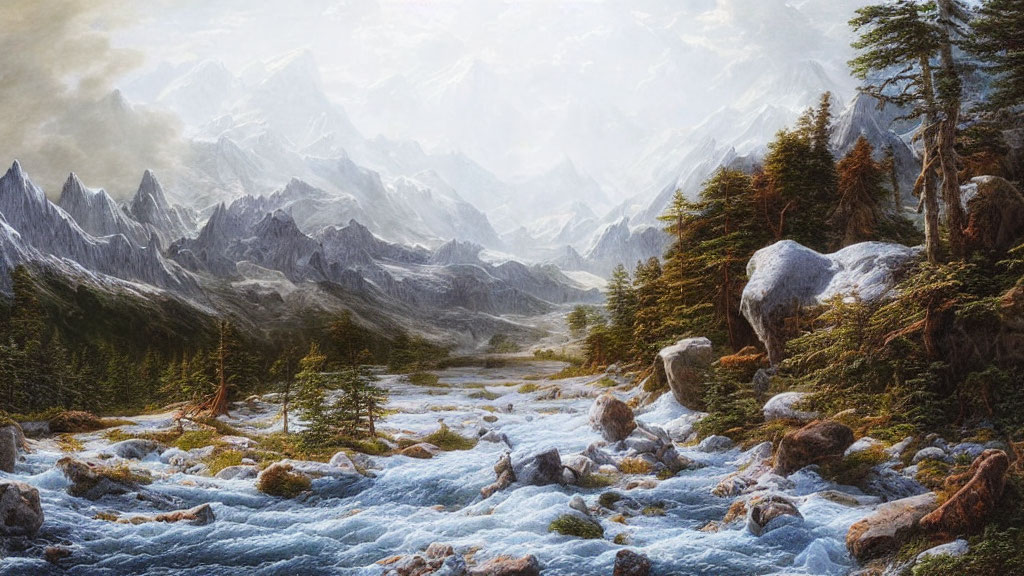 Tranquil landscape: rocky river, lush forest, snow-capped mountains