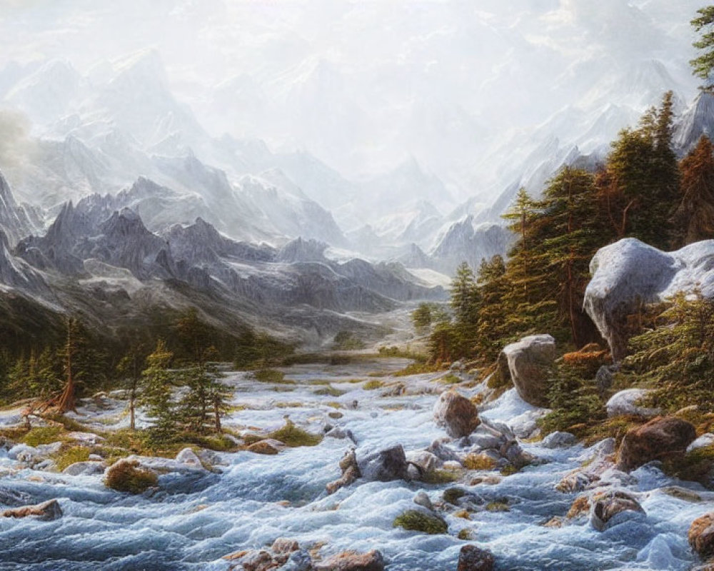 Tranquil landscape: rocky river, lush forest, snow-capped mountains