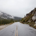 Tranquil landscape: rocky river, lush forest, snow-capped mountains