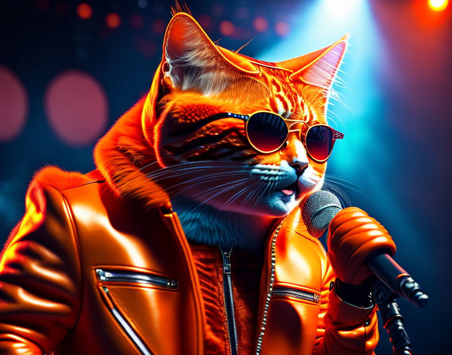 Animated cat in sunglasses and leather jacket singing on stage