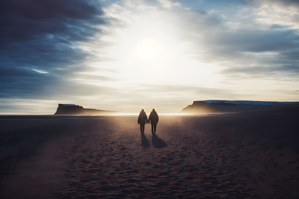 Serene beach sunset with two people walking, dramatic cliffs, beautiful sky