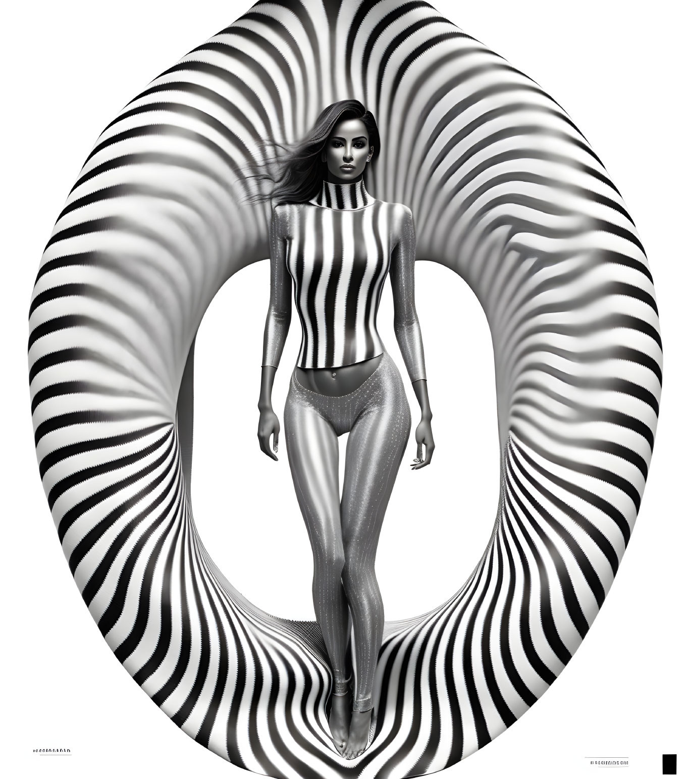 Monochrome image of woman in circular frame with spiraling stripe pattern