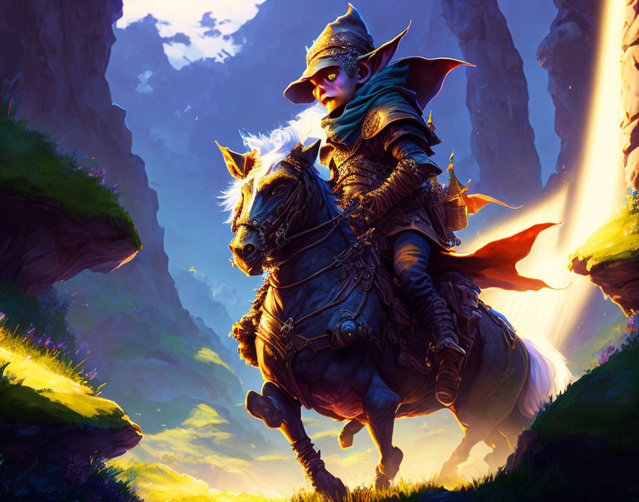 Fantastical illustration of a goblin knight on steed in vibrant landscape