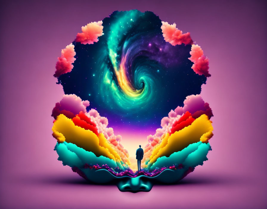 Person in Surreal Galaxy Scene with Vibrant Clouds