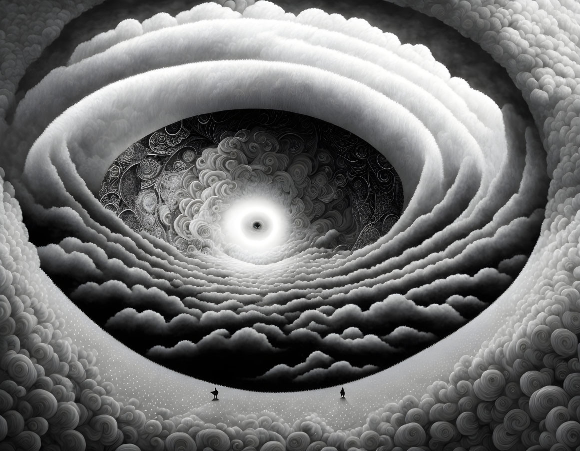 Monochrome surrealistic artwork with layered clouds and figures beneath