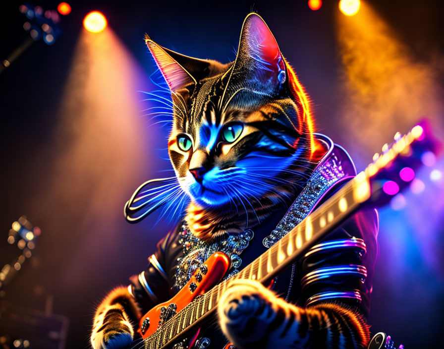 Anthropomorphic Cat Playing Electric Guitar on Vibrant Stage