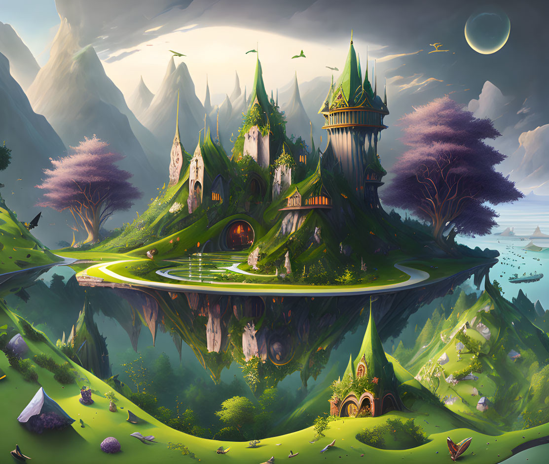 Magical towers on green hill with purple trees and distant planet