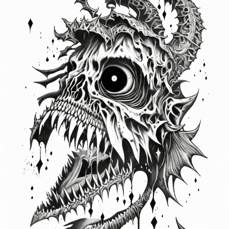 Detailed black and white fantastical creature illustration with singular eye and ornate patterns