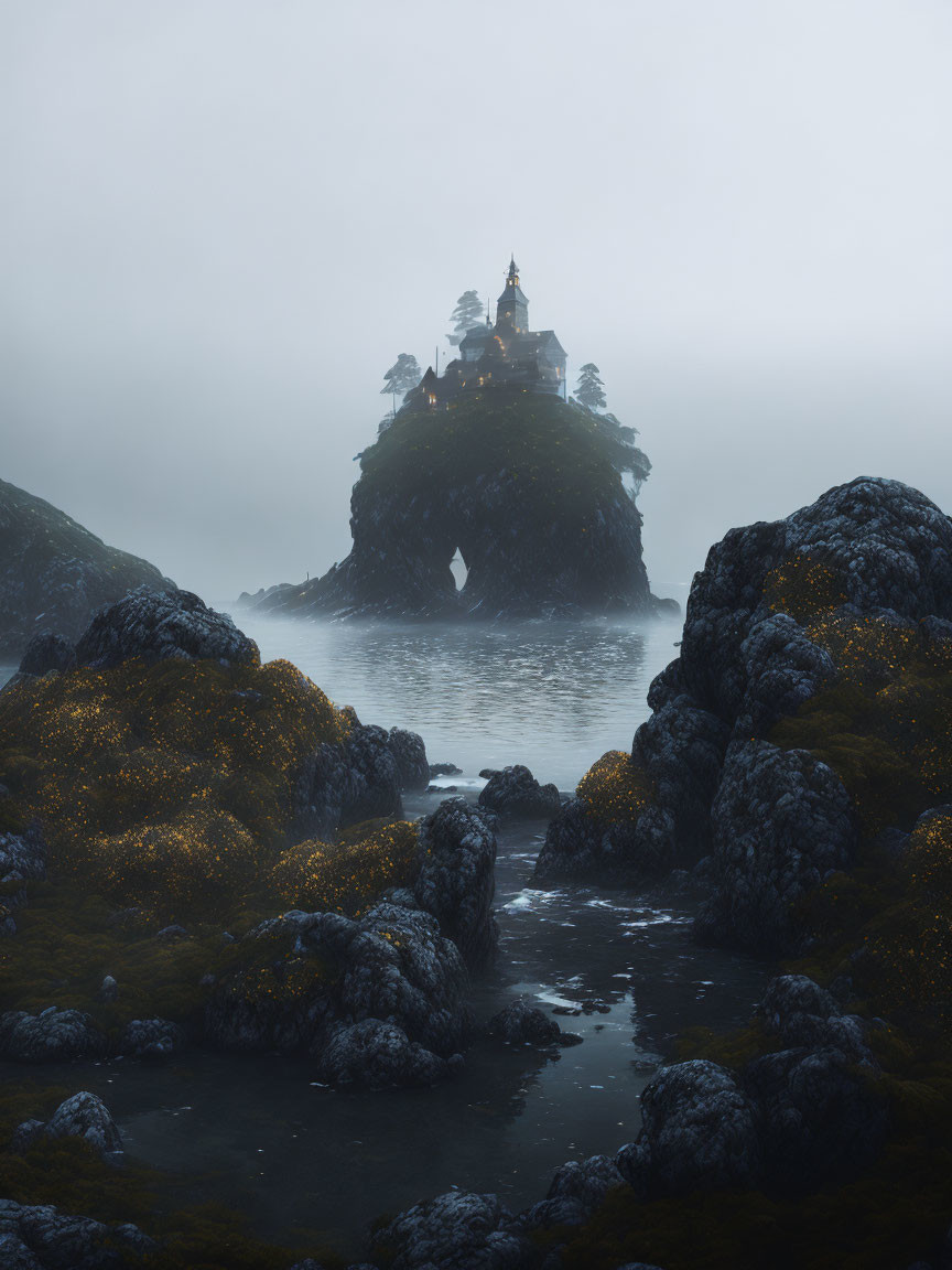 Solitary house on misty island with subtle lighting at dusk or dawn