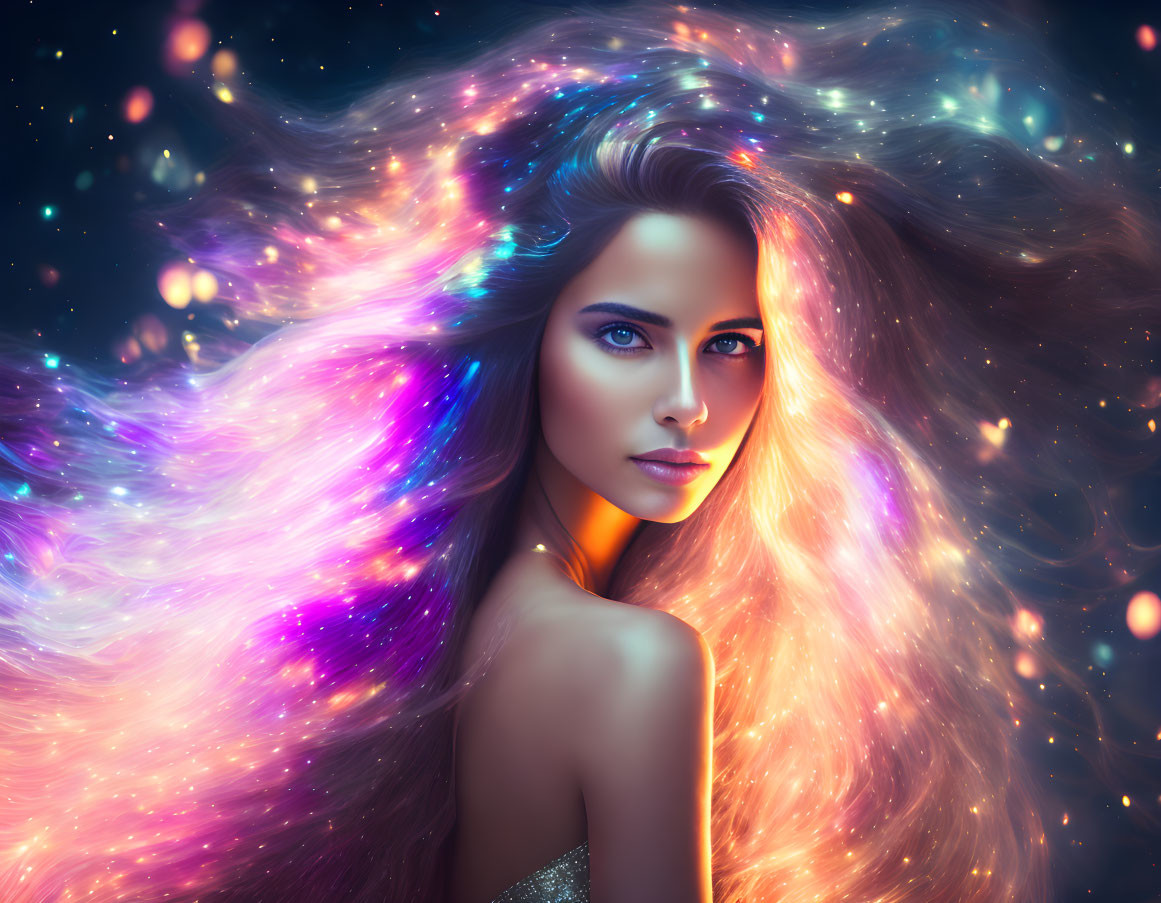 Colorful Cosmic Nebula Hair Woman Against Starry Backdrop