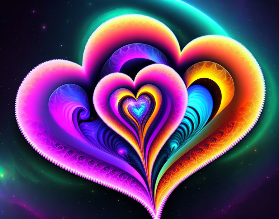 Colorful fractal hearts on cosmic background.