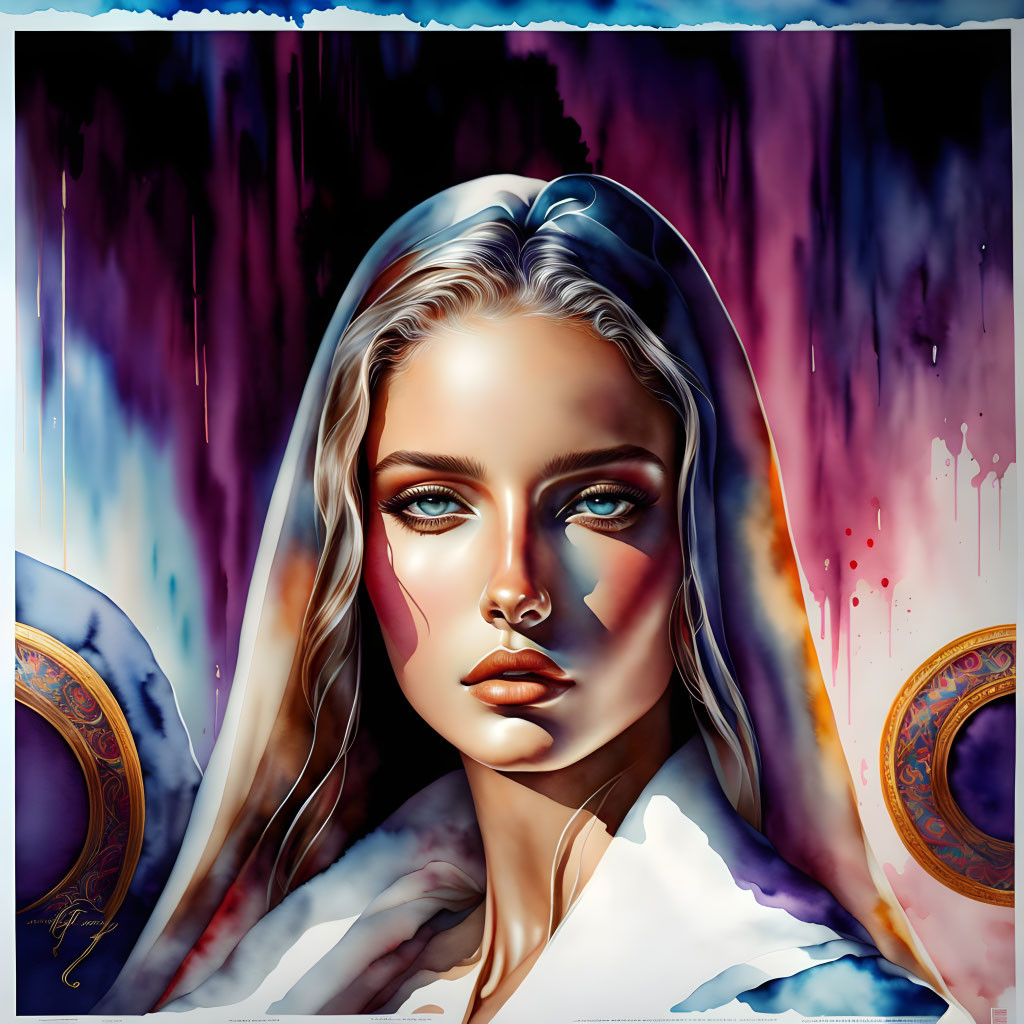 Stylized portrait of woman with blue eyes and white hair against vibrant backdrop