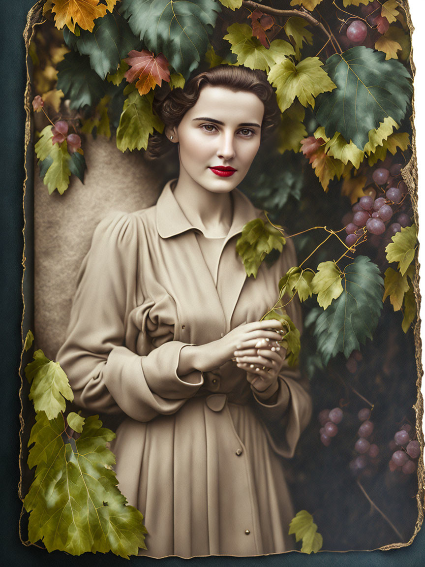 Vintage Beige Dress Woman Among Grape Leaves Portrait