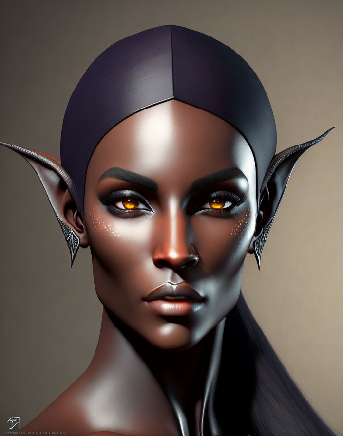 Digital art portrait of character with dark skin, golden eyes, pointed ears, and purple cap-like hair