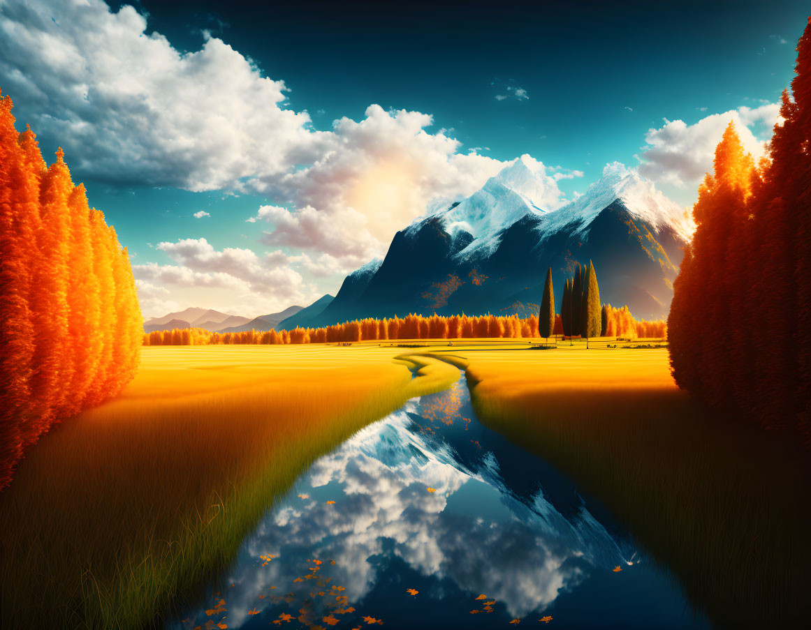 Scenic landscape with reflective river, golden field, fiery trees, snow-capped mountains, dramatic sky