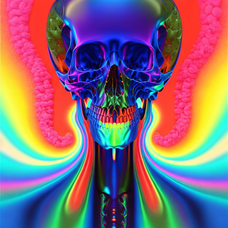 Vibrant neon skull art with rainbow patterns on psychedelic background