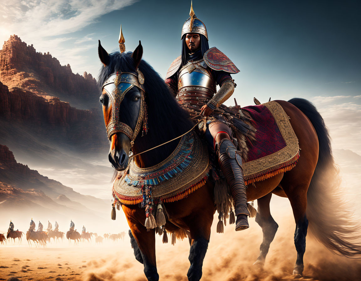 Elaborately armored knight on decorated horse with troop in desert setting