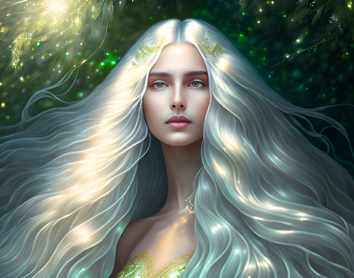 Woman with Long White Hair in Mystical Forest Portrait