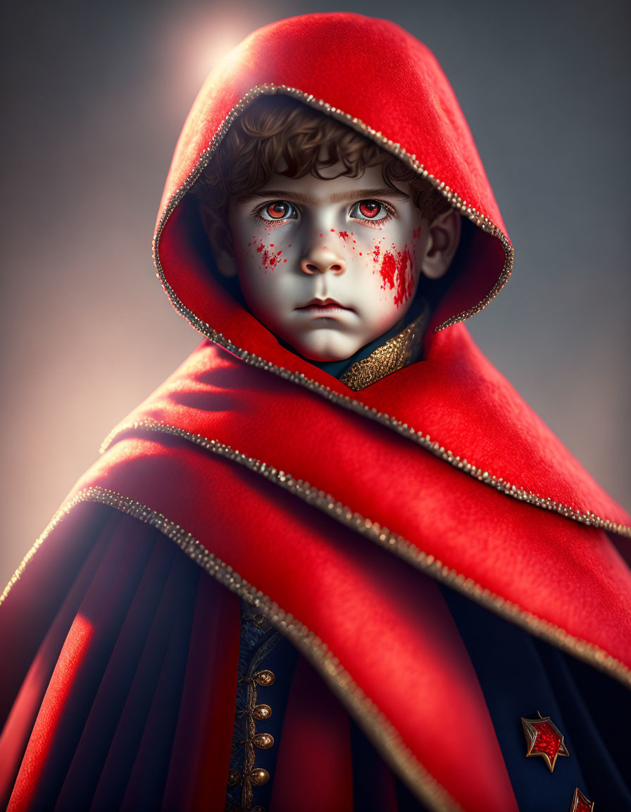 Child in red hooded cloak with blood splatters, blue eyes, intense gaze