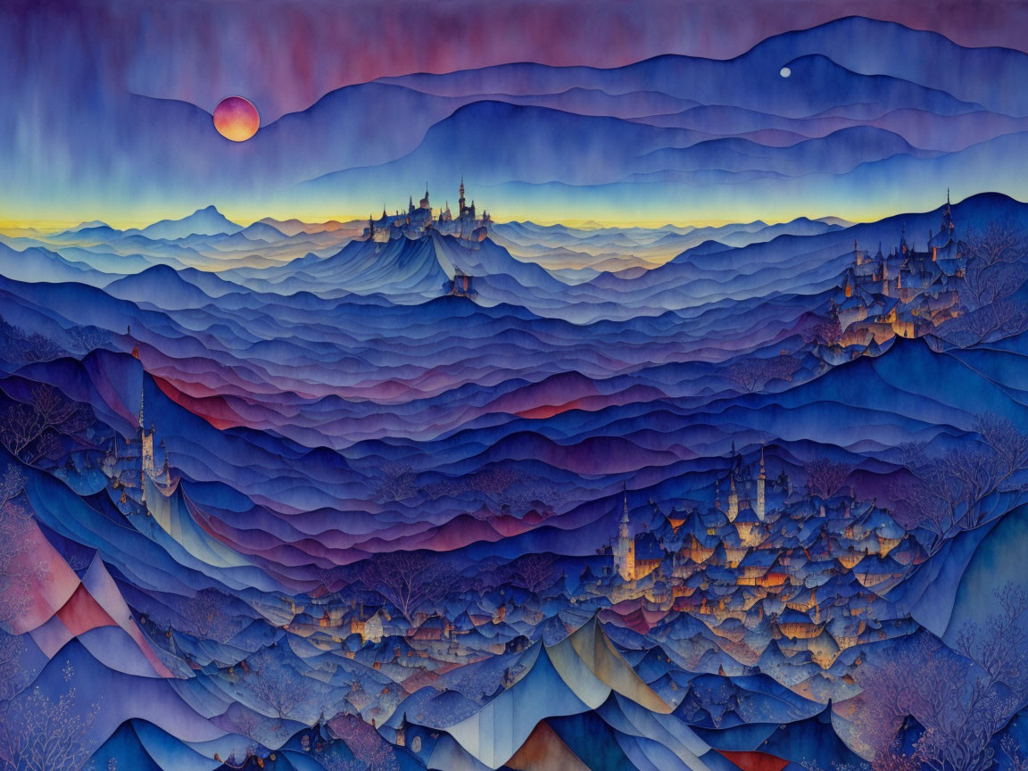 Colorful layered hills and castles under a sunset sky with crescent moon.