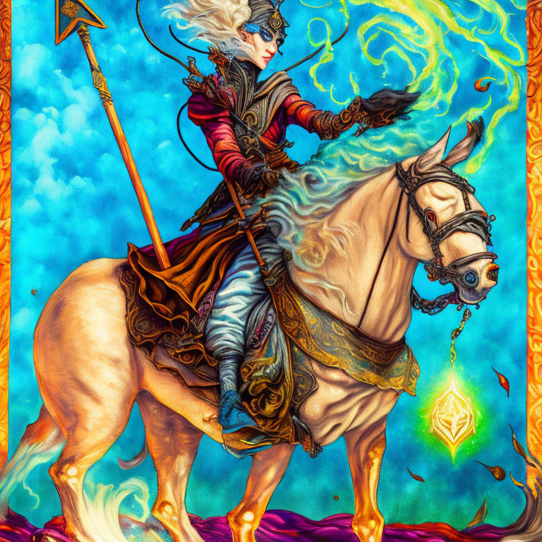 Fantasy warrior on horseback in elaborate armor with spear & magic