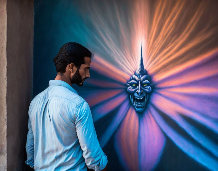 Man views vibrant wall mural of colorful, stylized face