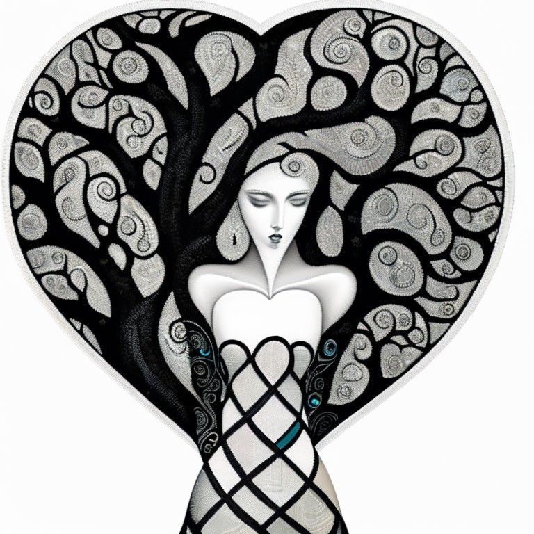 Stylized artwork: Pale-skinned woman with dark hair as tree trunk in heart-shaped frame